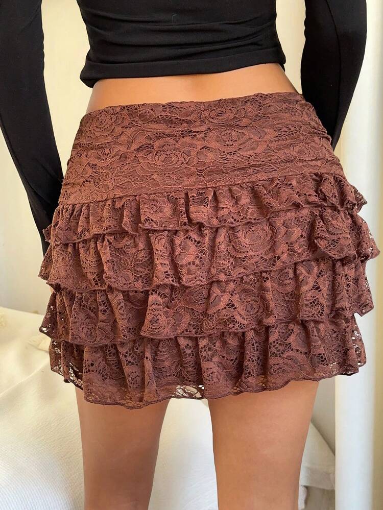 Siren Gaze Falda de encaje con volantes y dobladillo fruncido, falda de encaje marrón sexy - Marrón - Ver 3