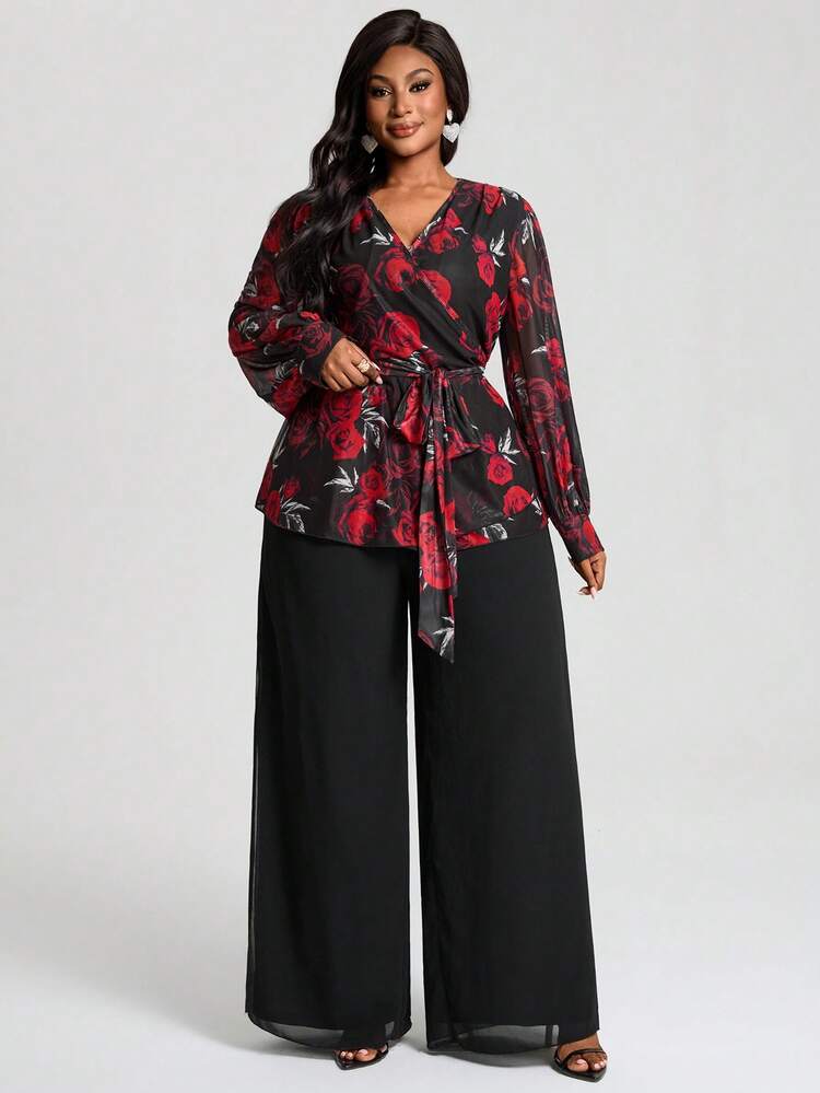 Plus Size Women Floral Print Twist Front Top And Wide Leg Pants Elegant 2 Pieces Set/Valentine's Day,Flower/Summer/Spring/Vacation
