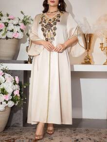 Al Najma 优雅V领喇叭袖飘逸连衣裙，春夏款 - 杏色 - 查看 6