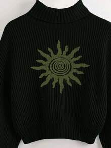 ROMWE Hippie Suéter con cuello alto, mangas farol y estampado, Top de manga larga - Negro - Ver 3