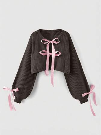 Kawaii Große Größen Süße Schleife Dekor Laternenärmel Locker Gestrickter Cardigan Pullover, Große Größen