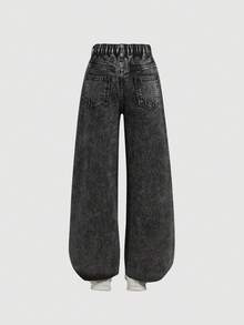 Tween Girl Y2K Fashion Heart Black Flare Jeans, Elastic Waist Design, Soft Denim Fabric, Black Wash, Suitable For City Walk, Fashion Girls Daily, Casual, Travel, Party, New Arrival - Black - View 2