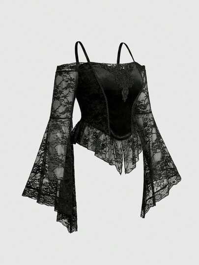 Gothic Vintage Lace Patchwork Blouse For Women, Velvet & Lace Patchwork Retro Luxurious Plus Size Tops, Black Blouse For Christmas Party & Gathering