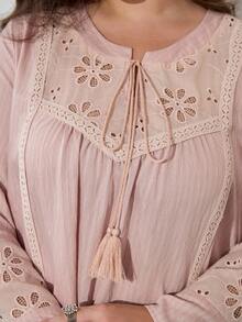 Al Najma V-Neck Drawstring Flare Sleeve Embroidered Patchwork Dress, Spring/Autumn - Pink - View 6