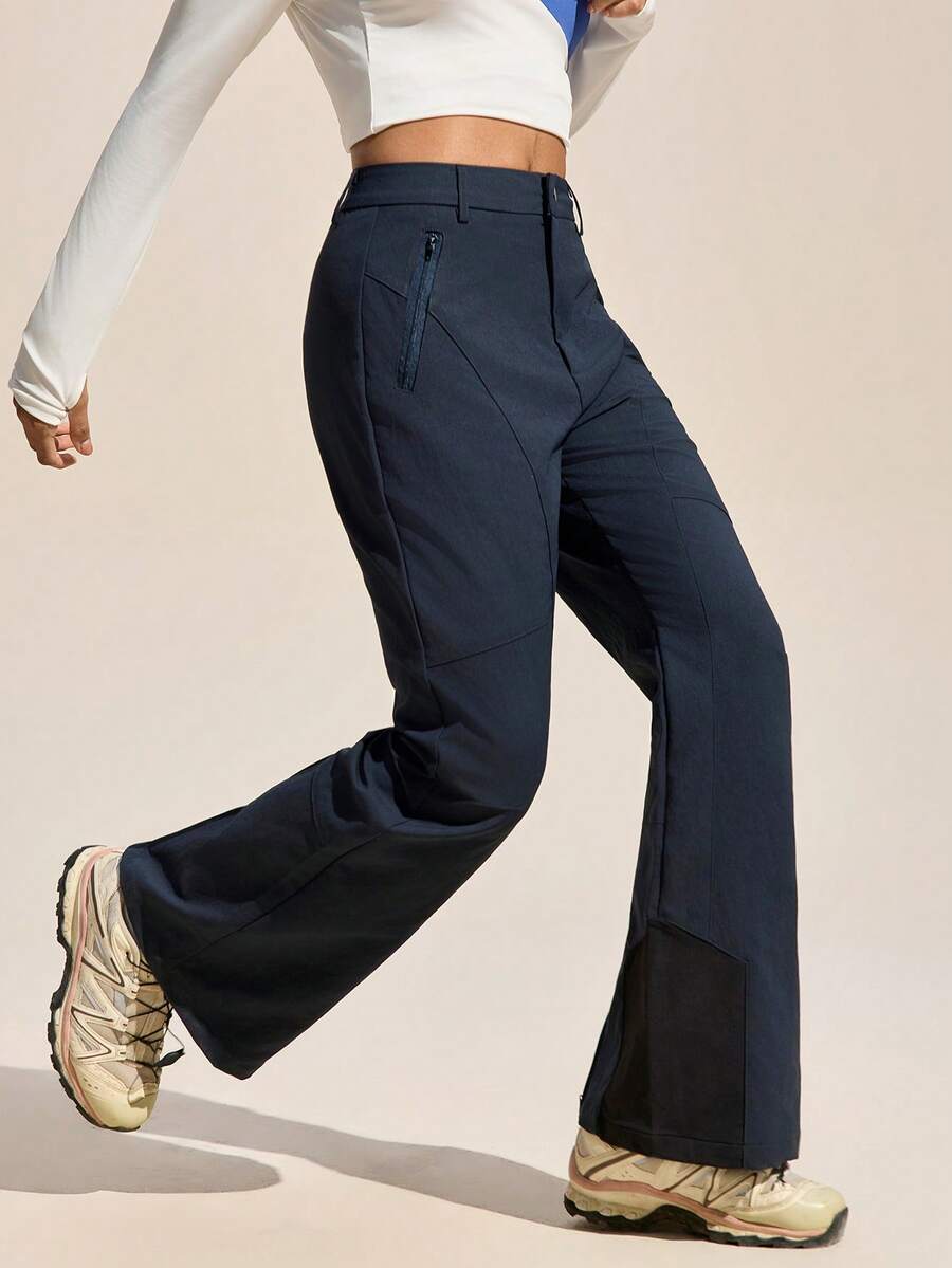 Exploreva Navy Blue Flared Hiking Pants For Women With Zipper Details Long Woven Fabric - Navy Blue - View 1