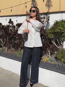 Andrea Bello 女式纯色插肩灯笼袖单排扣休闲衬衫，秋季，长袖上衣 - 白色 - 查看 6