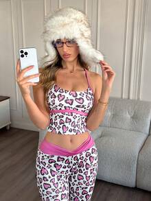 女士豹纹露脐吊带背心和喇叭裤睡衣套装 - 粉色 - 查看 5