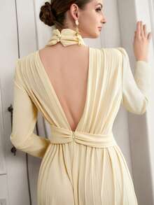SHEIN Elenzya Elegante y romántico mono de mujer de manga larga, cuello redondo, cintura fruncida y pierna plisada, casual para ir al trabajo y salir - Albaricoque - Ver 6
