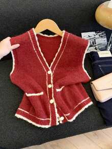 Nubod 圣诞节加大码女式时尚休闲简约红色针织背心，带纽扣和白色撞色滚边，是圣诞节服装的理想之选，也适合春季节日穿着。 - 紅色 - 查看 7