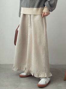 FRIFUL Women's Corduroy Elastic Waist Wide Leg Pants With Ruffle Hem - Beige - View 1