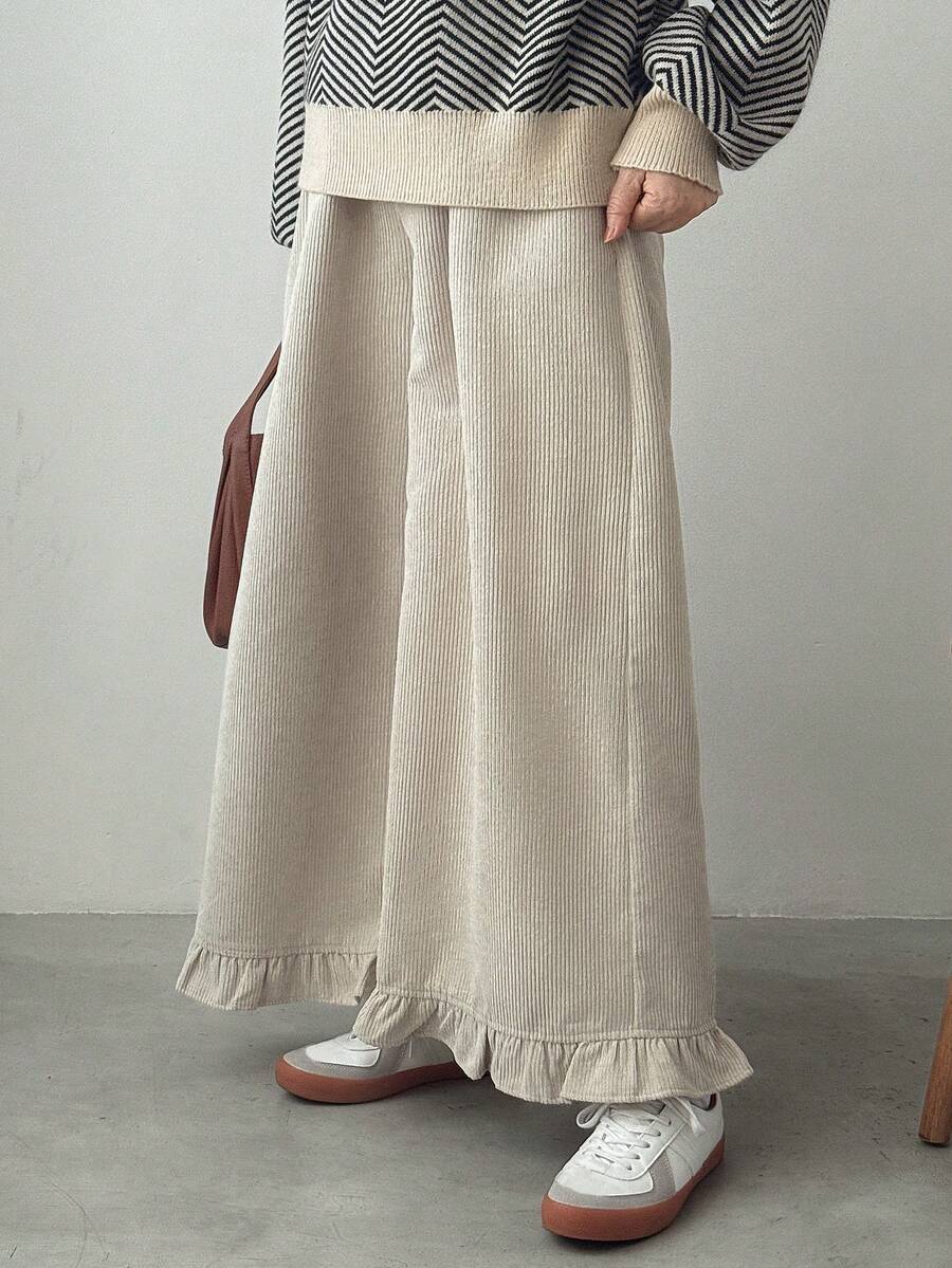 FRIFUL Women's Corduroy Elastic Waist Wide Leg Pants With Ruffle Hem - Beige - View 1
