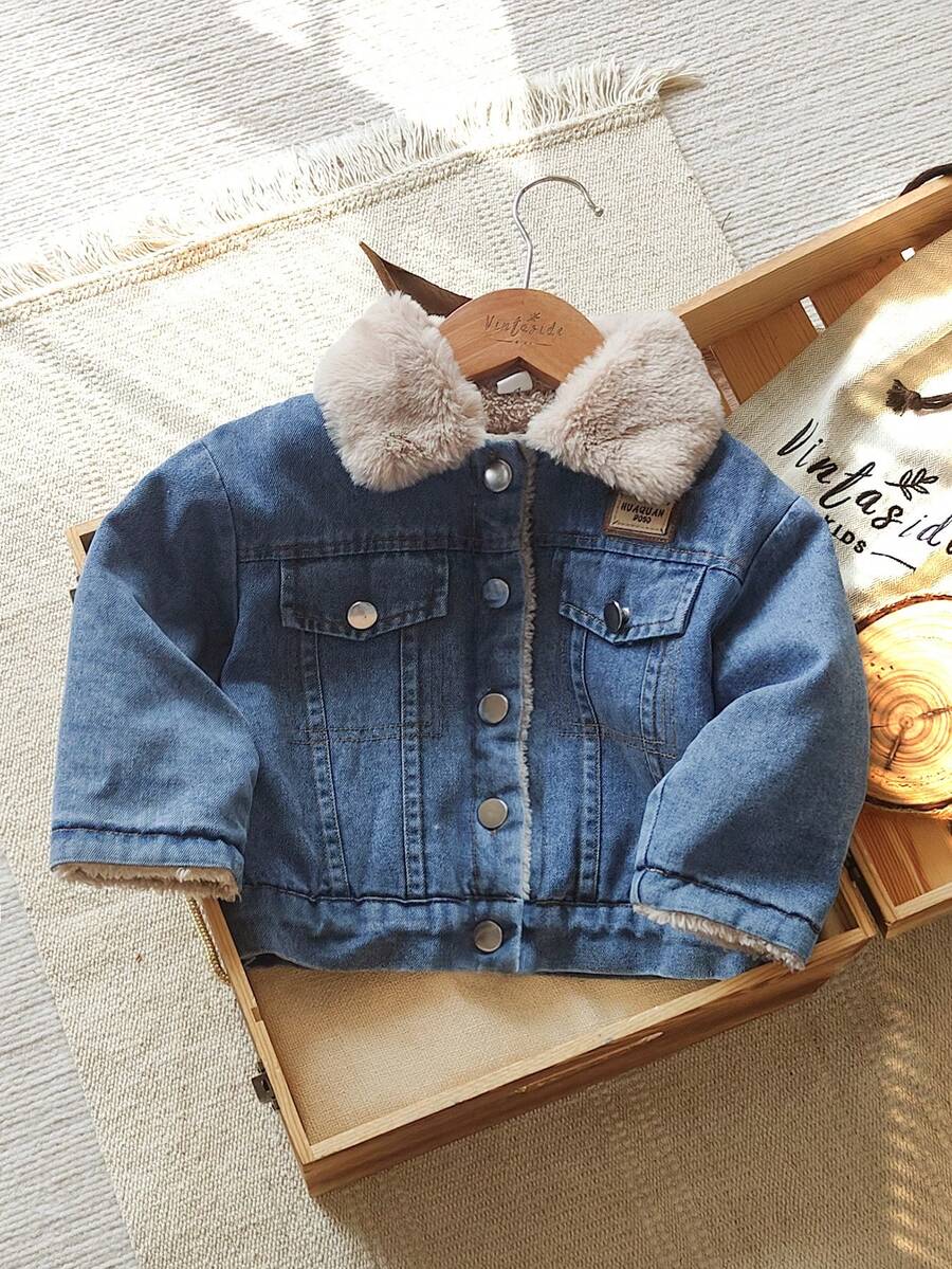 Vintaside Kids 男婴冬季字母刺绣翻领长袖保暖时尚牛仔夹克