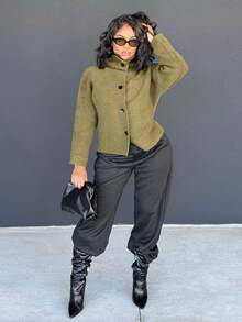 Alexandranx 女士宽松商务休闲高领纯色针织开衫，适合秋冬季办公室穿着外套 - 墨綠色 - 查看 5