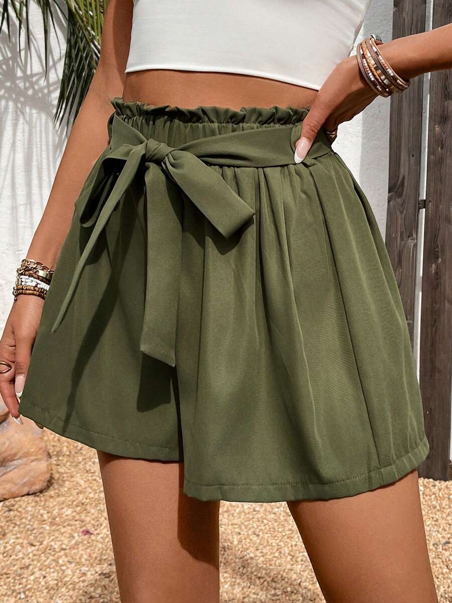 SHEIN LUNE 女士荷叶边腰带松紧腰宽松休闲短裤 - 軍綠色 - 查看 1