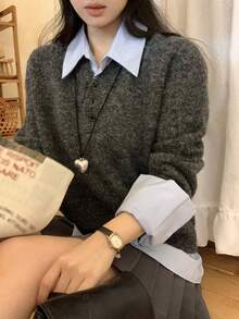 DAZY Women's 2 In 1 Long Sleeve Sweaters, Korean Style - Grey - View 1