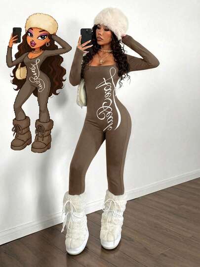 StreetHx Women's Brown Square Neck Printed Bodycon Jumpsuit