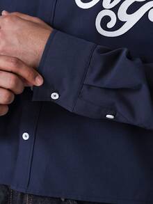 STYNVO 男士休闲字母印花短袖衬衫，秋季男士纽扣衬衫，男士短款纽扣衬衫，男士海军蓝字母图案衬衫 - 藏蓝色 - 查看 5