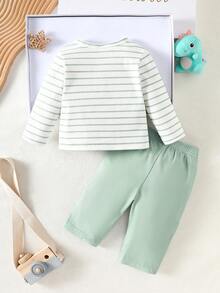 婴儿内衣套装，春夏男婴条纹两件套 - 綠色 - 查看 8