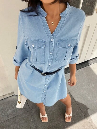 SHEIN PETITE Casual Commuting Washed Front Button Denim Dress