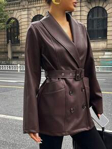 DAZY Women's Autumn/Winter Lapel Waist Tie PU Regular Jacket Women Coats