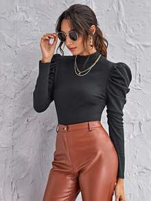 SHEIN Clasi Mock-Neck Gigot Sleeve Top Black Top - Grey - View 4