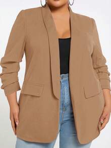 SHEIN Tall CURVE Plus Size Casual/Office Solid Color Blazer In Fall/Winter - Camel - View 6