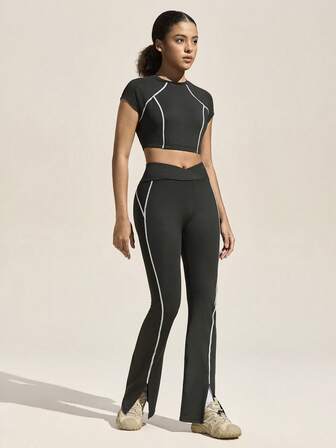 Exploreva 2 יחידות טופ קצוץ רב-תכליתי קז'ואלי עם שרוך במותן ומכנסיים צמודים עם עיצוב שסף במכפלת, מתאים לספורט בחיק הטבע