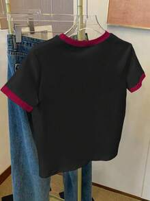 Resyla Women's Heart Pattern Round Neck Contrast Color Short Sleeve T-Shirt - Black - View 2