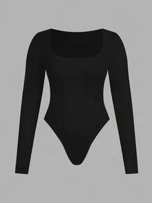 SHEIN Essnce 大码女式时尚休闲通勤商务休闲年轻商务职业内衣两件套，黑色、酒红色、锚红色多件套紧身包臀方领长袖连体衣 - 鏽棕色 - 查看 6