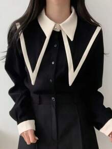 INAWLY Áo sơ mi nữ tay dài cổ nhọn màu tương phản, đơn hàng thường ngày, mùa thu - màu đen - Xem 3