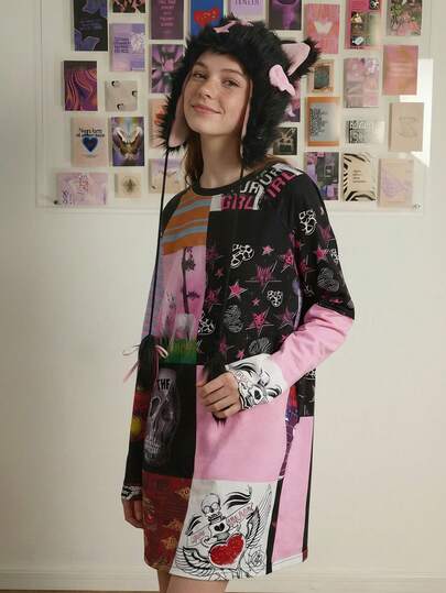 Y2Kool NEARLY THERE Women's Winter Black & Pink Multi-Pattern Patchwork Star, Skull, And Unicorn Mask Striped Print Short-Sleeve Hot Girl Y2 Dress Stylish Clothing Collection New Year Outfits Gyaru Casual Dress