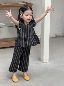 DAZY 2pcs Baby Girls' Striped Ruffle Trim Sleeveless Shirt And Pants Set Toddler Girls Clothes - Light Grey - View 5