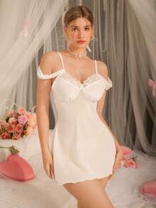 DelicateAllure 女士露肩吊带网纱蕾丝拼接迷你睡裙 - 白色 - 查看 3