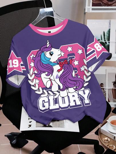 My Little Pony X SHEIN Women's Casual Everyday Commute Fashion Street Cute Cartoon Unicorn Letter Star Print Contrast Striped Trim Round Neck T-Shirt, Summer