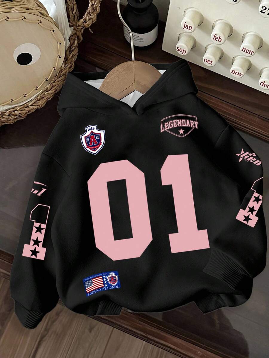 Divinelle 休闲简约运动街头风百搭派对机场装,粉色数字和英文字母学院风印花图案,舒适保暖女士长袖宽松卫衣,适合秋冬季穿着。 - 彩色 - 查看 1