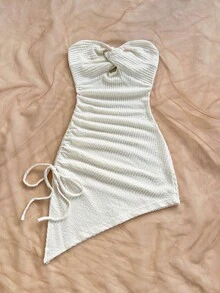 Soleia Abito mini asimmetrico da donna in tessuto jacquard lavorato a maglia giallo-verde, con laccetti laterali e orlo con stringhe, stile vacanza - Albicocca - Visualizzare 4