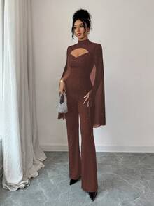 SHEIN Elenzya Mono de mujer con cuello alto, diseño hueco y brillos, mono ajustado de fiesta de moda - Café integral - Ver 3