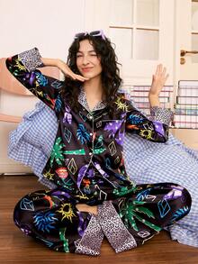 Chillnights Conjunto de pijama de satén para mujer con estampado floral y de plantas en contraste de color - Multicolor - Ver 1