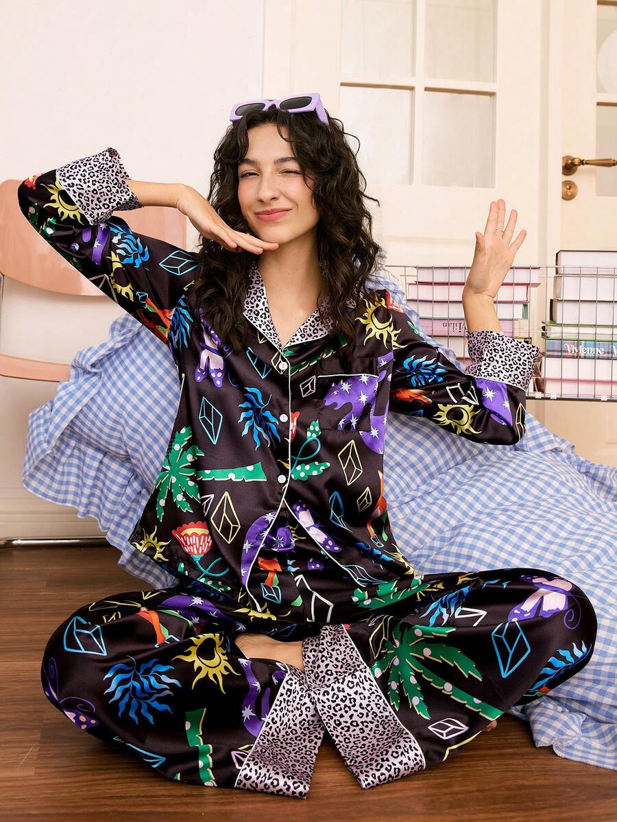 Chillnights Conjunto de pijama de satén para mujer con estampado floral y de plantas en contraste de color - Multicolor - Ver 1