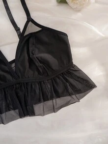 AltCore 2pcs Women's PU Leather Contrast Mesh Comfortable Wireless Triangle Cup Bra And Thong Set - Black - View 3