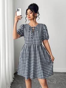 Elenzga Women's Casual Elegant Bubble Sleeve Bow Tie Midi Dress - Multicolor - View 1