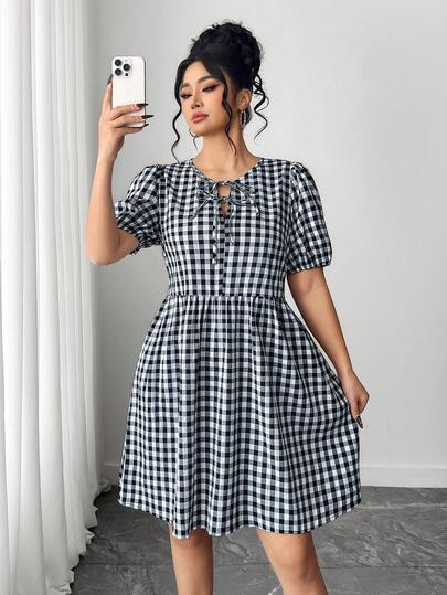 Elenzga Women's Casual Elegant Bubble Sleeve Bow Tie Midi Dress