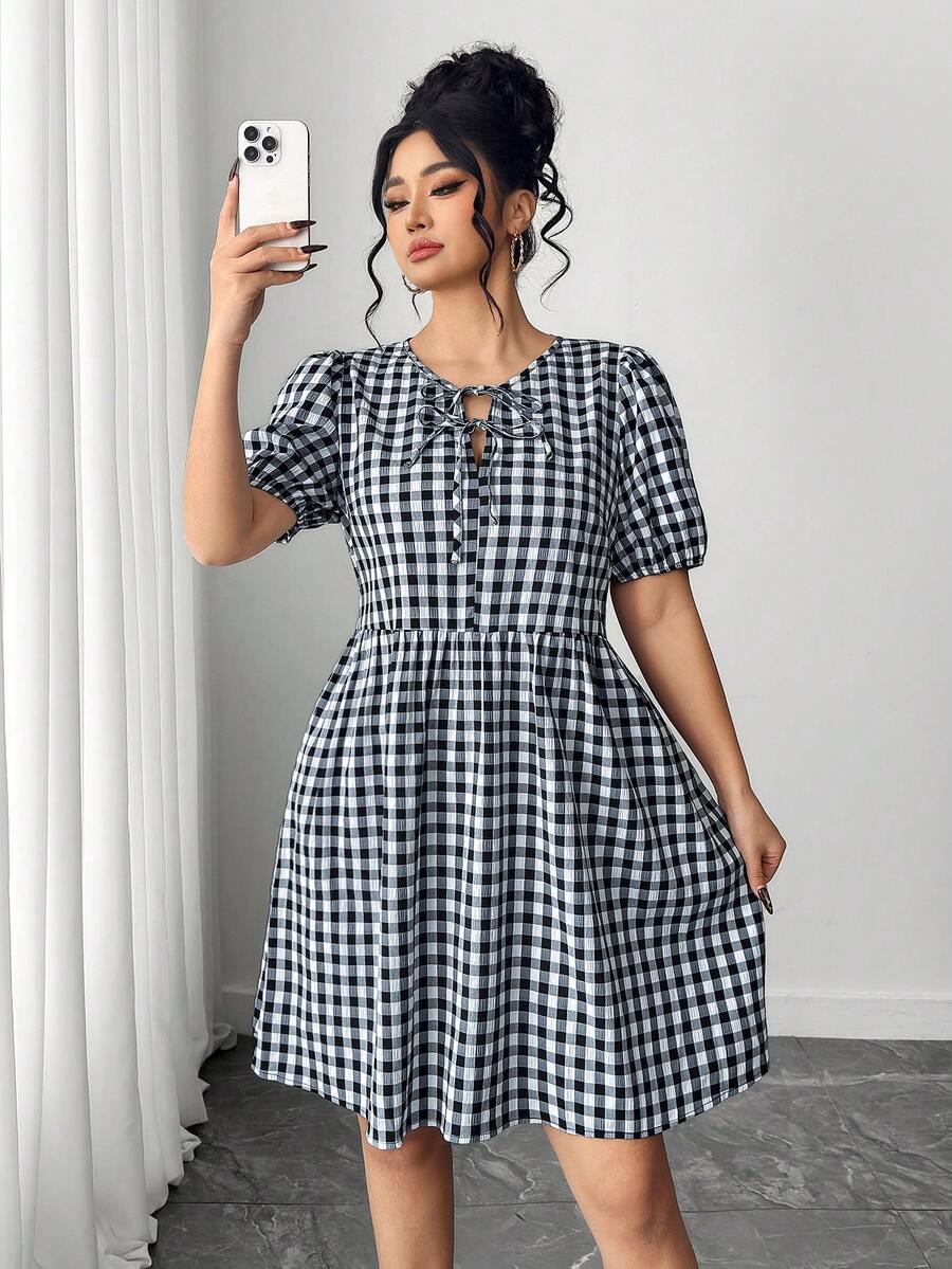 Elenzga Women's Casual Elegant Bubble Sleeve Bow Tie Midi Dress - Multicolor - View 1