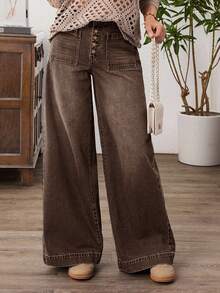 EMERY ROSE Women's Button Front Pocket Wide Leg Loose Casual Jeans