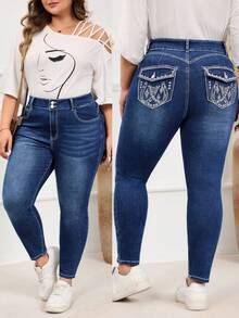 EMERY ROSE Plus Size Women Fashion Embroidered Pocket Skinny Casual Versatile Jeans Winter New Year - Dark Wash - View 8