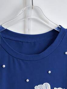 SHEIN Tall CURVE Áo thun cổ tròn tay ngắn họa tiết ren tan trong nước phong cách du lịch thanh lịch dành cho nữ cỡ lớn - Màu xanh hải quân - Xem 5