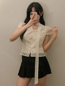 DAZY 女士系带短袖衬衫，春秋季 - 杏色 - 查看 5