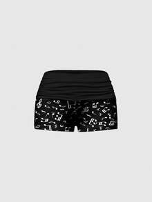 ROMWE Goth 哥特式钢琴键盘、星星、心形音符图案蕾丝吊带背心和褶皱短裤睡衣套装，休闲家居服 - 黑色 - 查看 6