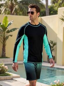 Manfinity Swimmode 男士撞色拼接泳衣套装（上衣和短裤）2件套 - 黑色 - 查看 3