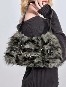 ROMWE Grunge Punk Y2K Faux Fur Shoulder Bag With Chain Detail, Punk Gothic Fluffy Hobo Bag, Street Style Handbag - Black and White - View 1